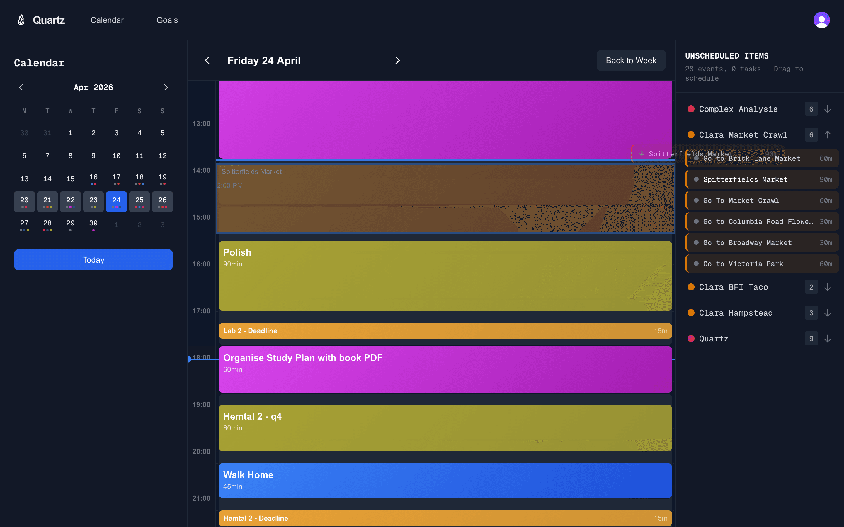 Unset events list showing tasks ready to be dragged onto the calendar