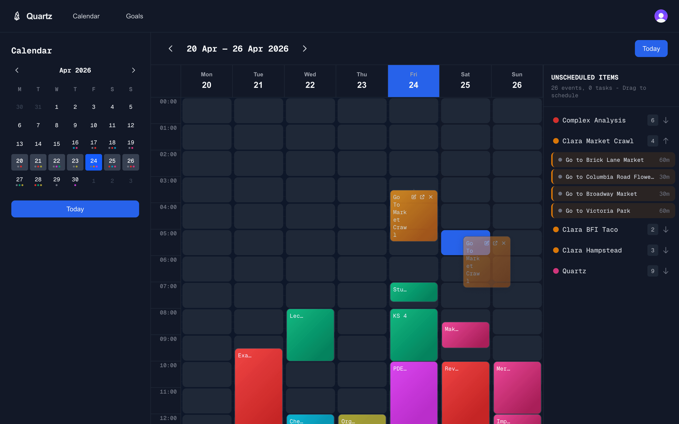 Week view calendar with events being arranged via drag and drop